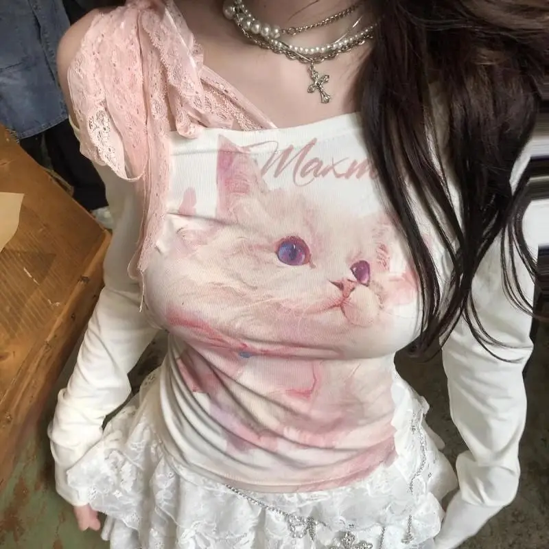 Weiß Nette Süße Chic Katze Y2k Kleidung Frauen Off-schulter Langarm T-shirt Dünne Frühling Herbst Spitze Patchwork Bodenbildung hemd Image