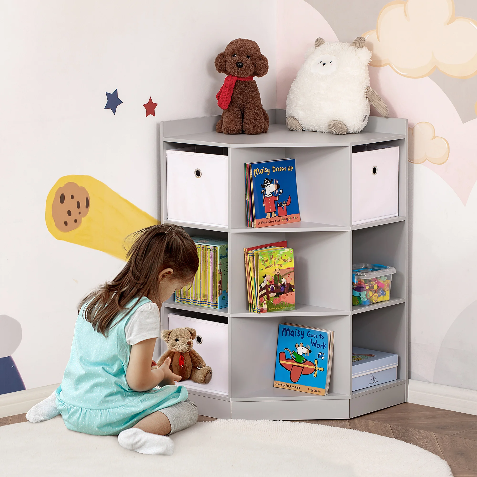 HOMCOM Kinderregal Eckregal mit 3 Aufbewahrungsboxen Kinderzimmer Image