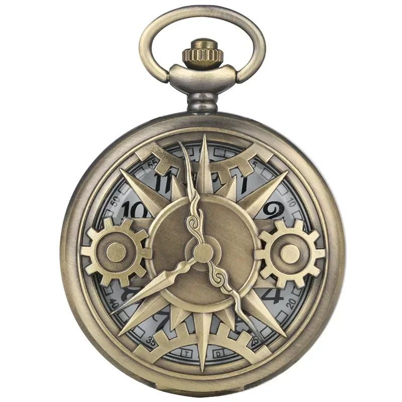 Vintage Hollow Out Gear Cover Männer Frauen Quarz Analog Taschenuhr Halskette Anhänger Kette Zeitmesser Geschenk Uhr Image