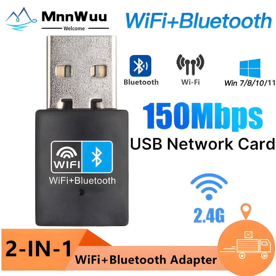 2-in-1-USB-WLAN-Adapter mit Bluetooth-Funktion, 150 Mbit/s, kabelloser WLAN-USB-Bluetooth-Empfänger, Netzwerkkarte für PC, Desktop, Laptop Image