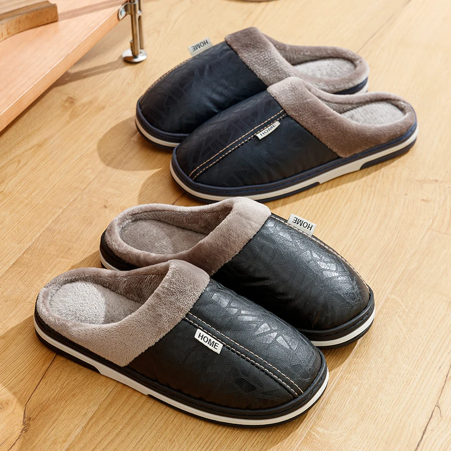 Herren Hausschuhe Winter große Größe Indoor wasserdicht Pu Leder große Größen nach Hause Baumwolle Schuhe Pelz flache Baumwolle Schlafzimmer Houses hoes