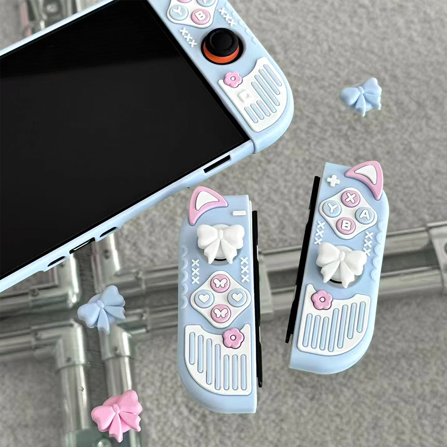 Mikro-Mattierte Hartschutz-Hülle für Nintendo Switch / OLED / Switch 2 - Silikon-Grip-Schutzhülle, Katzenohren-Joycon-Abdeckung Image
