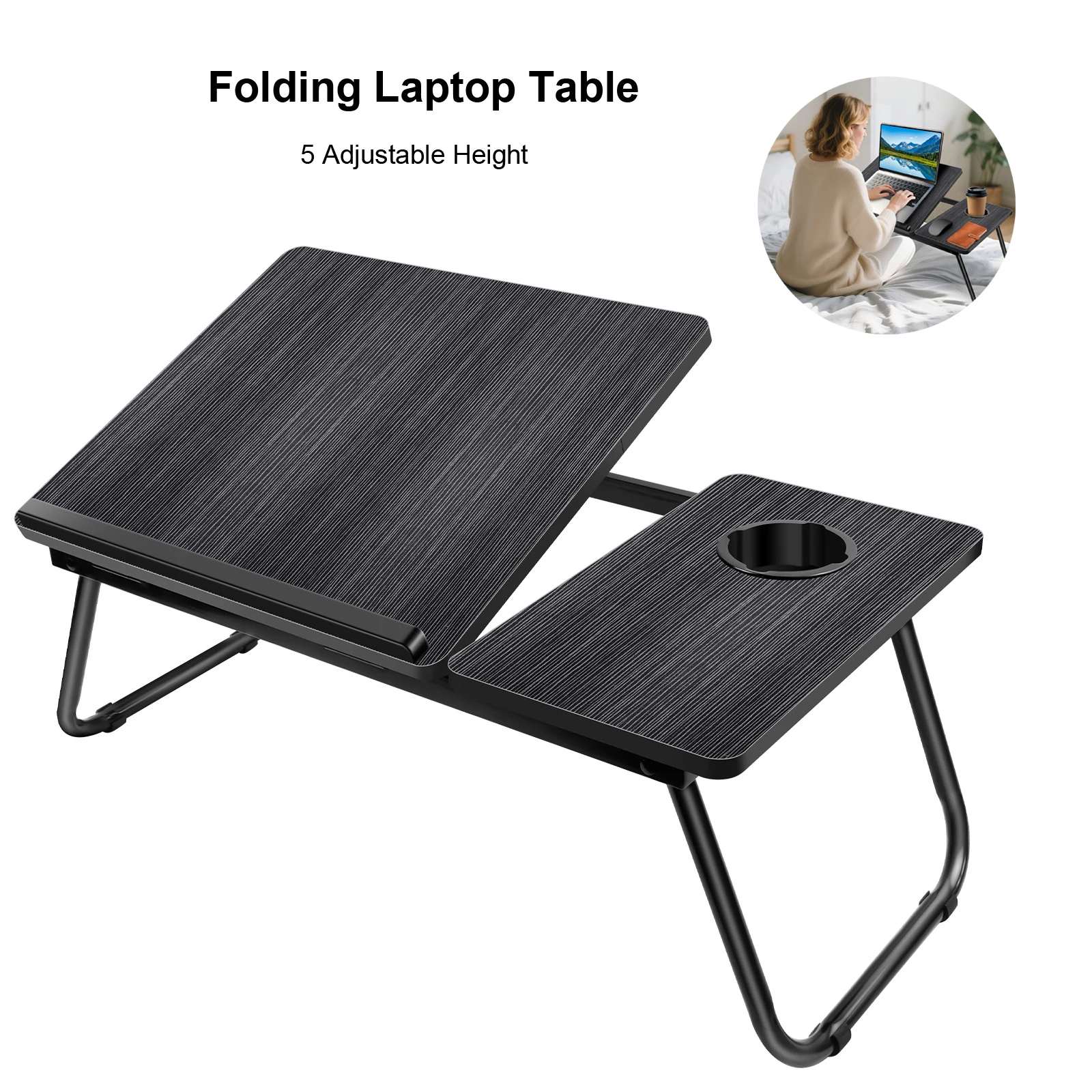 Schwarzer klappbarer Laptop-Tisch für Bett und Sofa, Laptop-Tisch, multifunktionaler Tisch, 5-stufige Höhenverstellung + Getränkehalter
