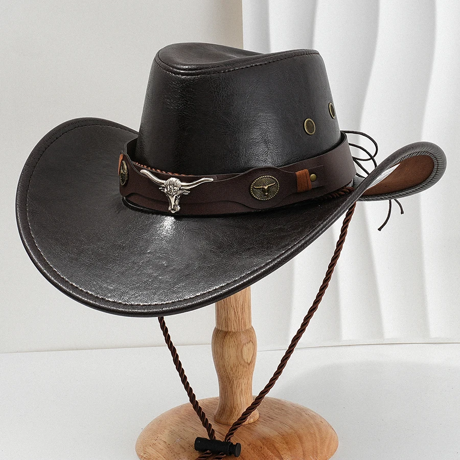 Unisex Vintage Kunstleder Western Cowboy Hut Outdoor Gentleman Cowgirl Jazz Cap Sombrero Hombre Image