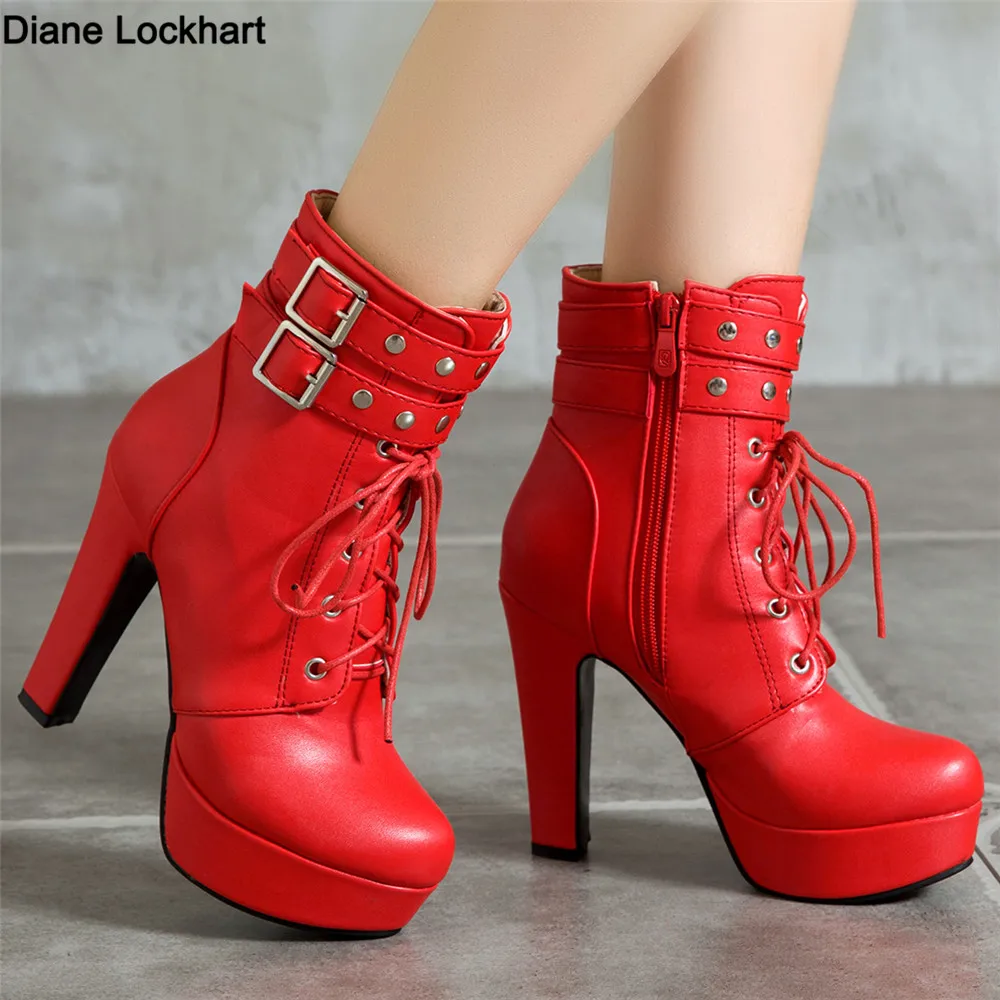 Frauen Stiefeletten Plattform Lace-Up High Heels Kurze Boot Weibliche Schnalle Herbst Winter Rot Gelb Weiß Sexy Schuhe Große größe 34-46
