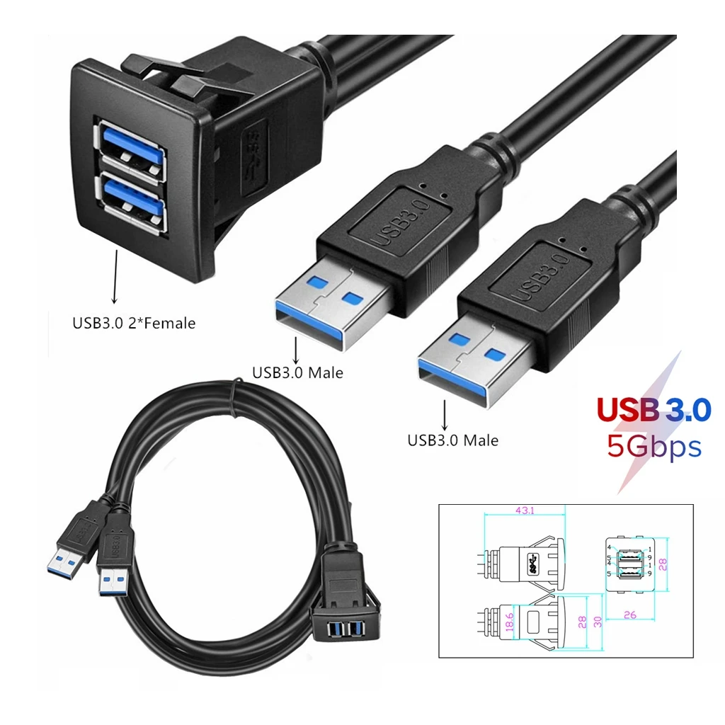 Dual Port USB Buchse Verlängern Cabel USB 3,0 Auto Auto Unterputz Verlängerung Kabel Dashboard Panel Platz USB Kabel Für Auto Motorrad