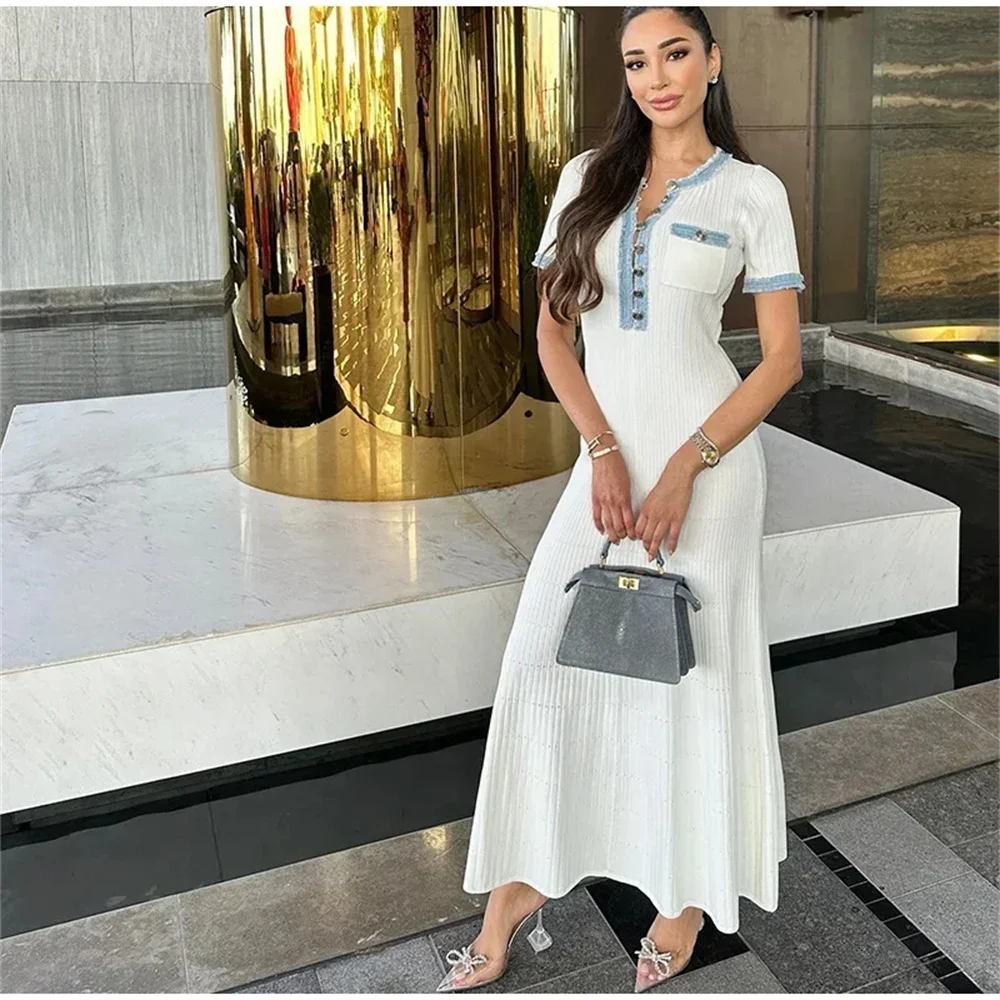 Elegante Kontrast Frauen Stricken Maxi Kleid Chic Oansatz Kurzarm Metall Knöpfe Bodycon Kleider Büro Dame Pendeln Robe Image