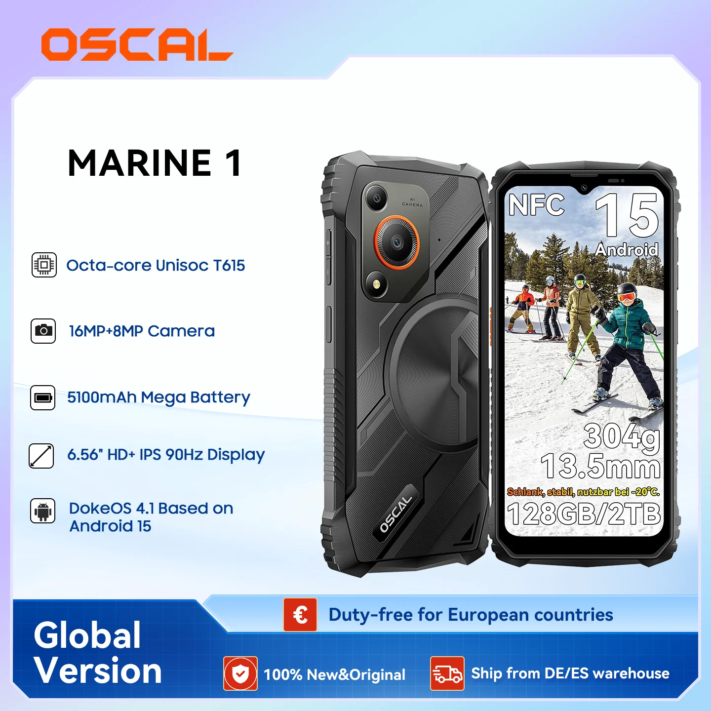 Oscal MARINE 1 Outdoor-Smartphone 6,56 Zoll HD+ Display Unisoc T615 Android 15 Robustes Telefon 4 GB + 128 GB, 5100 mAh, NFC-Handy Image