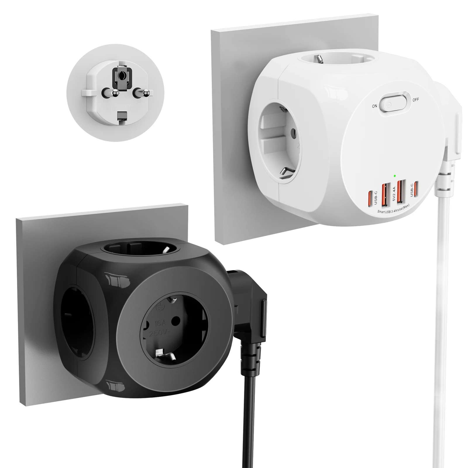 4000W EU-Stecker Europäischer Standardstecker 4 AC 5 AC Mehrfachsteckdose Elektrische Steckdosenleiste mit 2 USB-A 2 USB-C Ladeanschlüssen Image