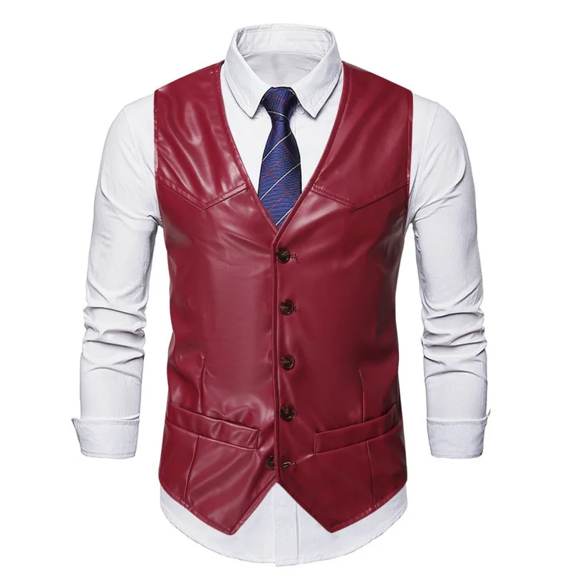 # 4839 Schwarz Rot Orange Kunstleder Weste Männer Slim Einreiher Büro Weste Männer Ärmellose Blazer Weste Plus Größe 4XL 5XL