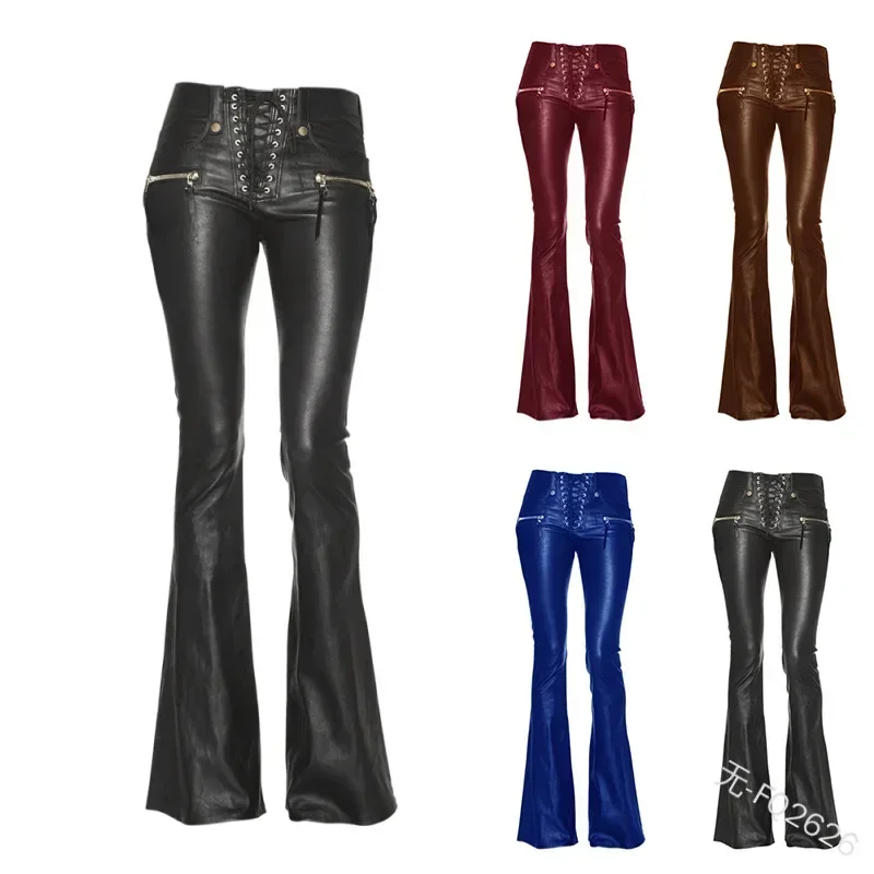 2023 neue Frauen Leder Hosen Punk Rock Sexy Bandage Motorrad Leder Hosen Enge High-taille Spitze Up Bodycon Flare hosen Image