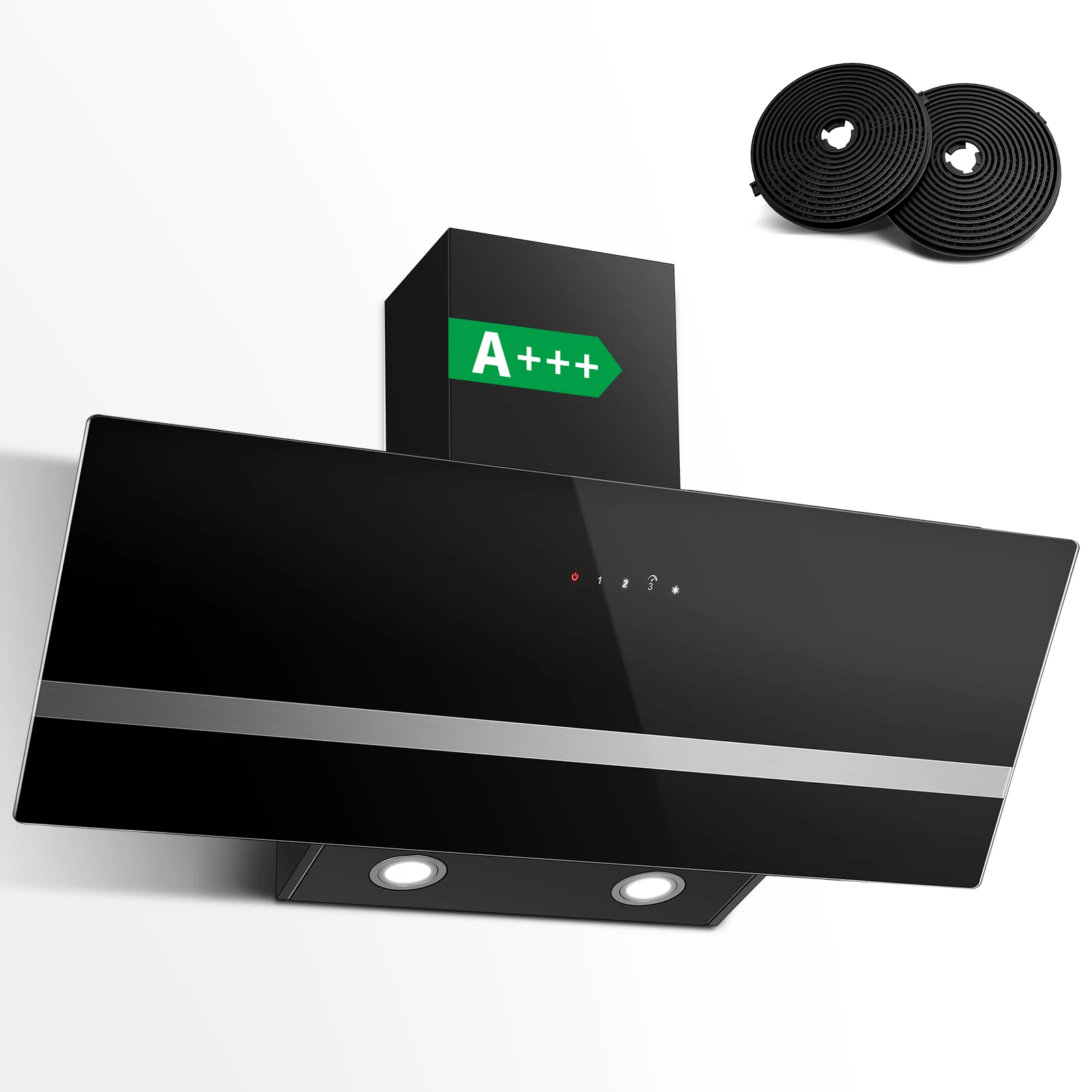 90cm Wandhaube, Energieklasse A++, 400 m³/h, Touch-Steuerung, LED-Beleuchtung, Schwarz Edelstahl/Glas, Leise 58 dB ‌