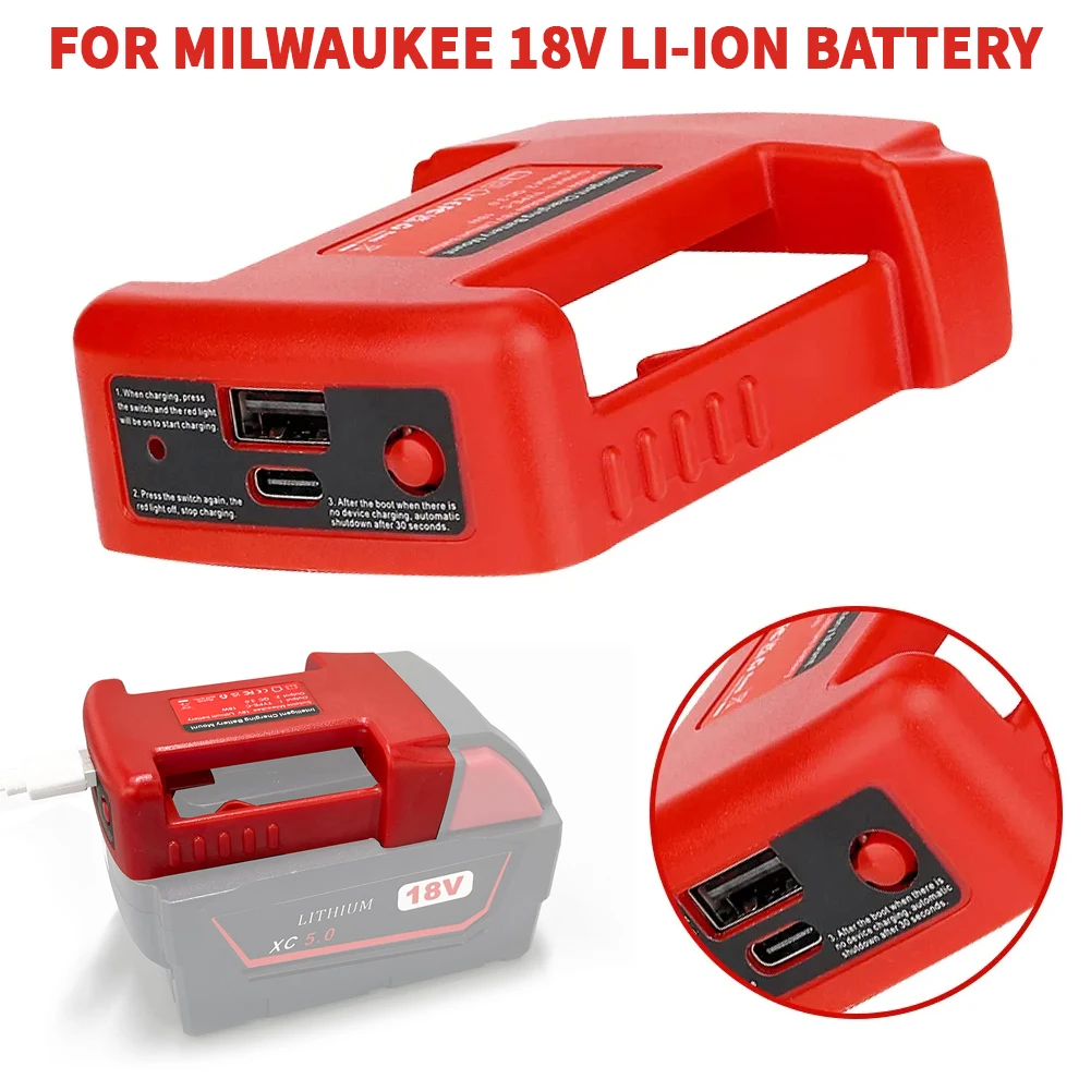USB-Schnellladegerät für Milwaukee 18 V Li-Ionen-Akku, tragbarer Akkuhalter-Adapter mit USB- und Typ-C-Ausgang, schnelles Aufladen Image