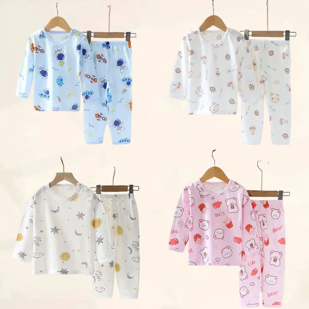 Baumwolle Kinder Kleidung Kinder Pyjama Sets Hause Nachtwäsche kinder Kleidung Junge Mädchen Herbst winter T-shirt Tops Hosen Anzüge Image