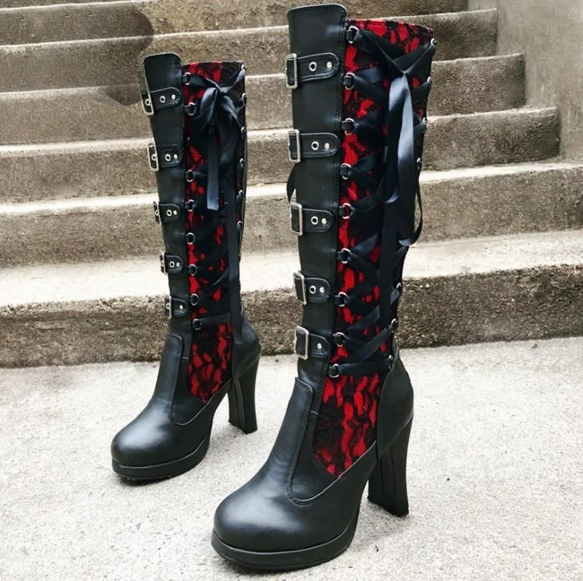 Plateaustiefel für Damen, Schnürung, klobiger Absatz, mittelhohe Stiefel, schmales Band, Schleife, Knoten, Gothic, Gothic-Schuhe, Winter 2024