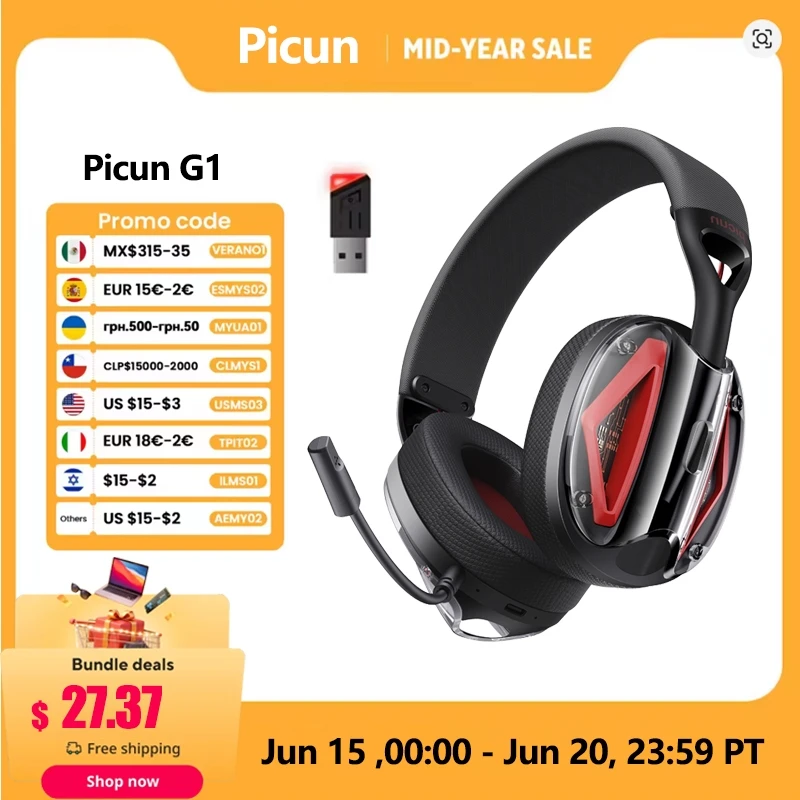 Picun G1 2,4 GHz Gaming Wireless Headset 3D Surround Sound Spatial Audio ENC HD Mic Kopfhörer für Gamer Leichtes PS5 PC-Telefon