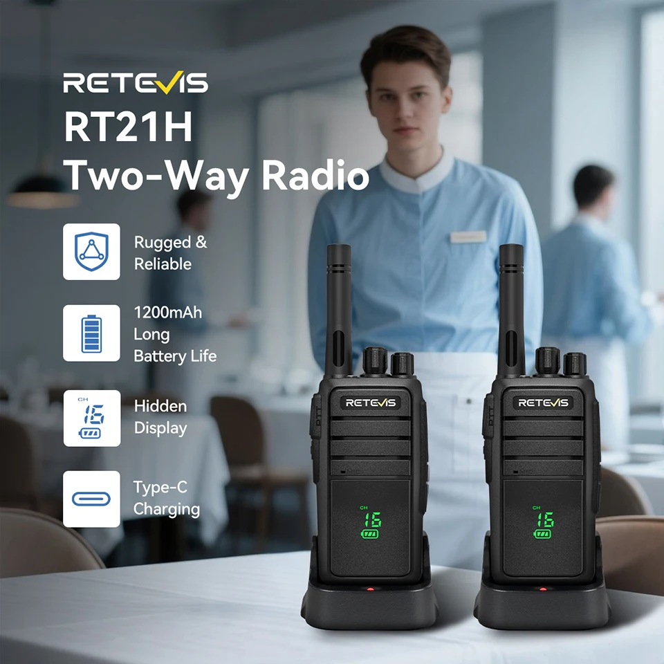 Retevis RT21H Funkgerät FRS PMR Tragbares, lizenzfreies Walkie-Talkie mit verstecktem Bildschirm Typ-C VOX Robustes Radio für Restaurants Image