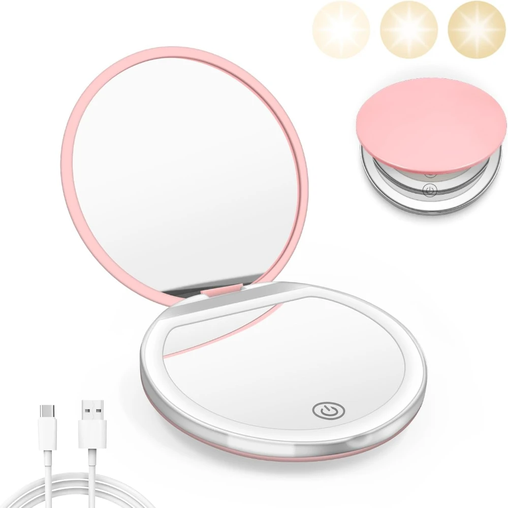 Kompakter Spiegel mit Licht, 1X/3X Vergrößerung, LED-Taschenspiegel mit USB-Datenkabel, rosa Mini-Spiegel für Geldbörse, Tasche, Reisen