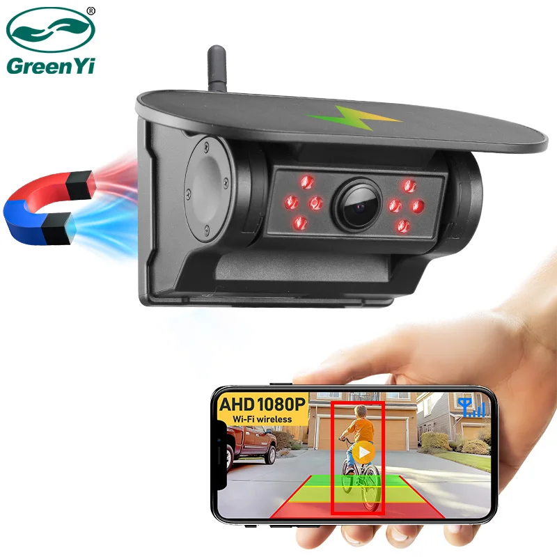 GreenYi 5G WiFi HD Solar Auto Kamera 100M Magnetische Basis Drahtlose AI Blind Spot Alarm Backup Für Bus Van Lkw RV Vorne Rückansicht Image