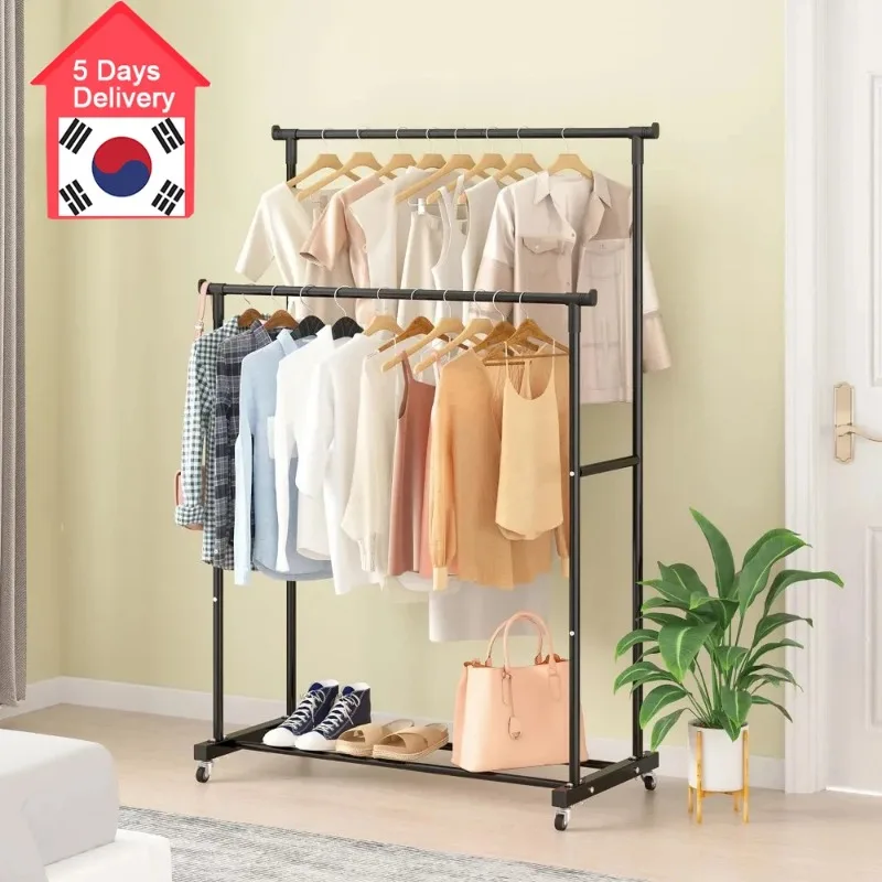 Doppelstangen-Kleiderständer, Kleiderständer mit Haken, zum Aufhängen, Kleider-Organizer für Schlafzimmer, beweglicher Schlafzimmer-Kleiderbügel mit Rädern
