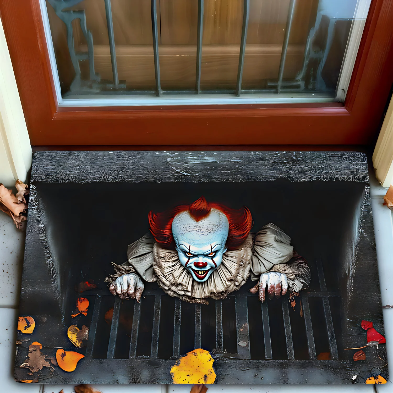 Halloween-Fußmatte, gruselige Pennywise-Clown-Fußmatte, rotes Haar, rutschfeste Rückseite für den Innen- und Außenbereich, Horrorfilm-Party-Dekoration Image