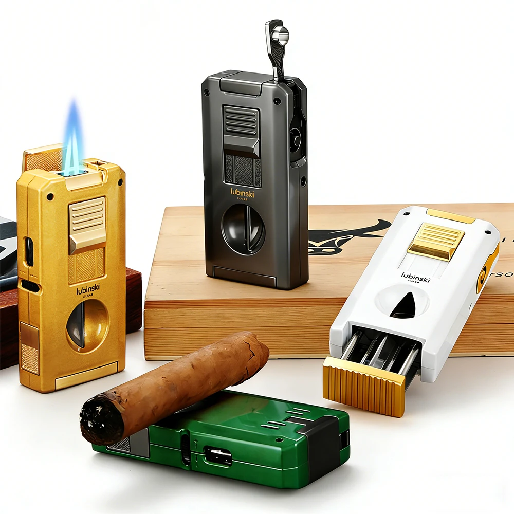 LUBINSKI Zigarre-V-Schneider, Metall-2-Fackel-Feuerzeug mit Stützhalter, Nadeln, Zigarrenfeuerzeuge, Geschenkbox-Verpackung Image