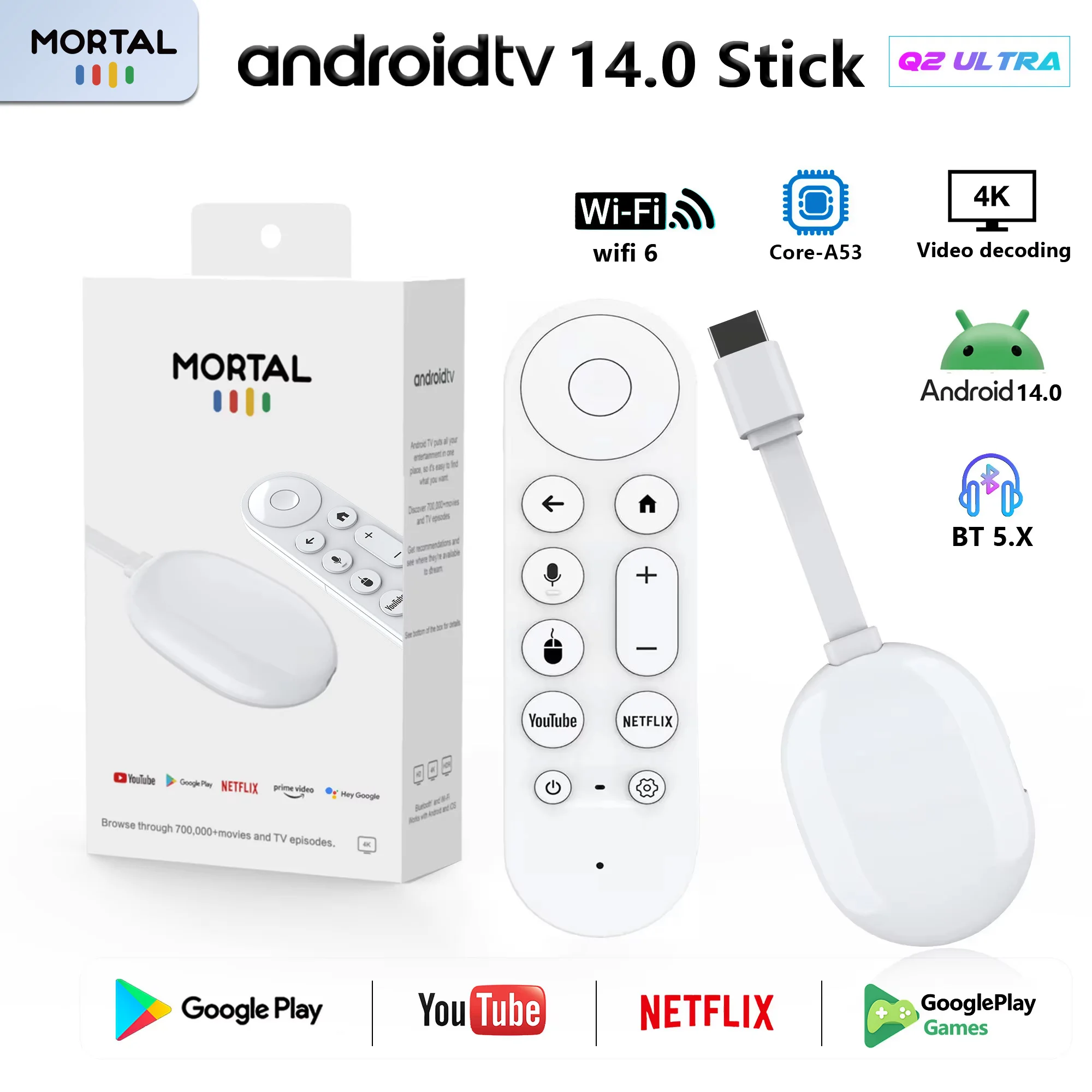Globale Version Android 14.0 Mortal TV Stick Q2 Ultra BT5.X WIFI6 Streaming Drahtloses HDMI Mehrsprachiges Rockchip 3518 TV-Dongle Image