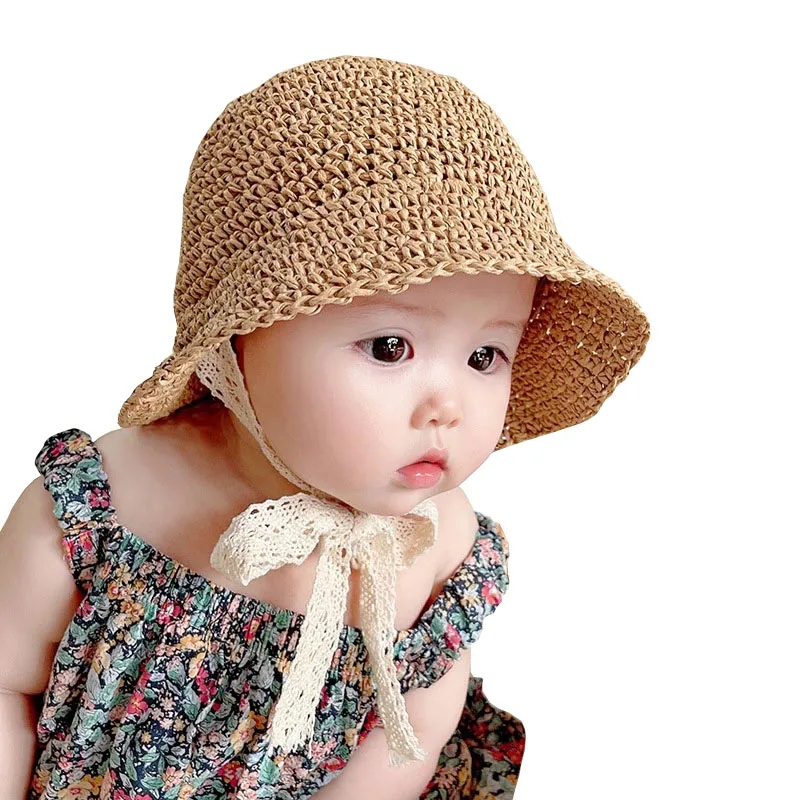 Sommer Baby Hut Stroh Baby Mädchen Kappe Mode Spitze Bogen Strand Kinder Panama Hut Prinzessin Bonnets für Kinder Outdoor Reise Sonne Kappe Image