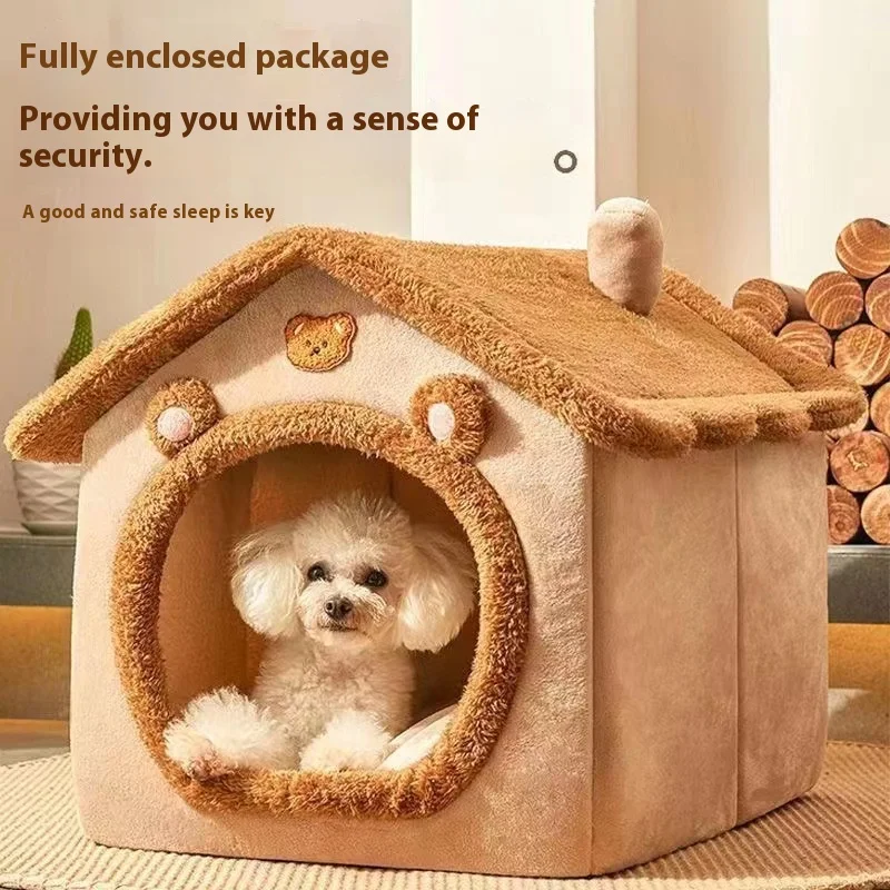 Haustierbett im Hausstil für kleine Hunde und Katzen – ganzjährig abnehmbares, waschbares Hundehaus, warmes Winter-Teddybett, Heimtierbedarf Image