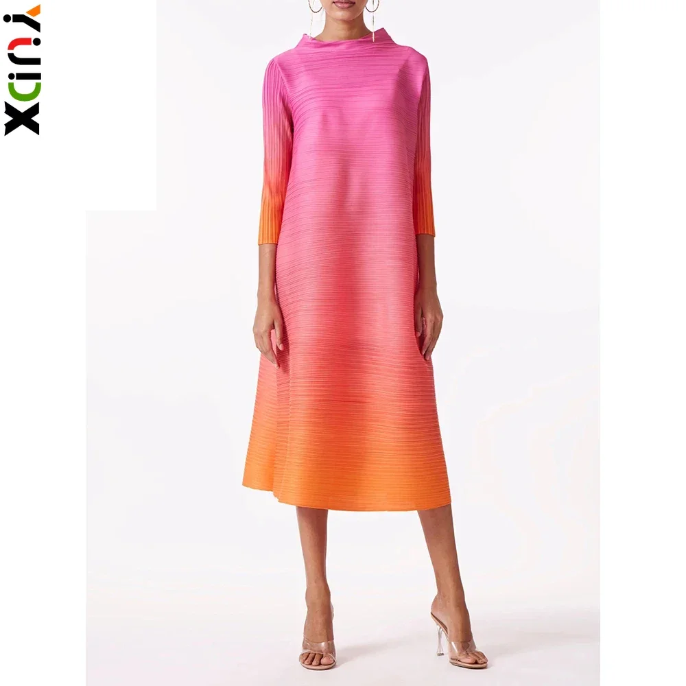 YUDX Miyake Elegantes Farbverlaufs-Plisseekleid, Rollkragenpullover, volle Ärmel, Rosa, Orange, modische Kleider mit mittlerer Wade für Damen, 2025, Neu