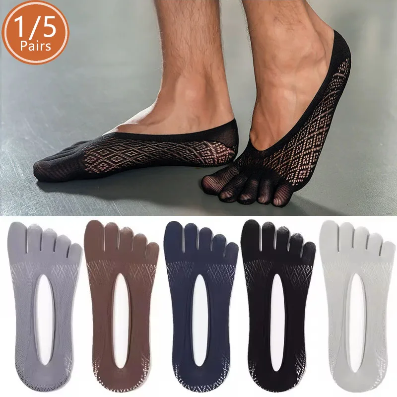 1/5 Paar Sommer unsichtbare No Show Fünf-Finger-Socken für Herren, dünner Samt, rutschfestes Netz, atmungsaktiv, elastisch, solide Seidensocken, Zehen Image