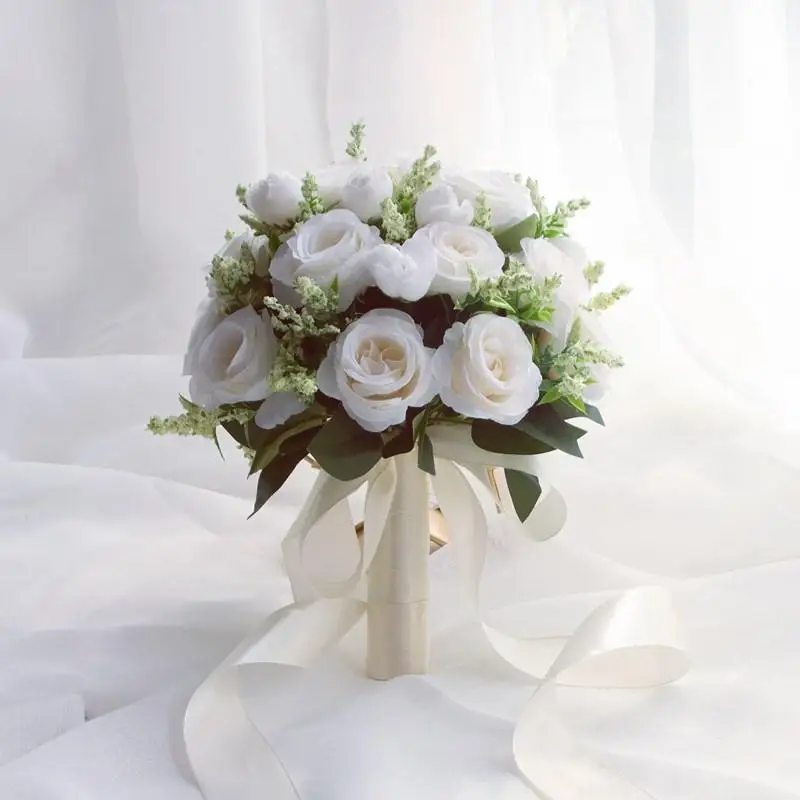 Braut Brautjungfer Hochzeitsstrauß Weiße Seidenblumen Rosen Handgemachte künstliche Braut Mariage Blumenstrauß Hochzeitsaccessoires Image