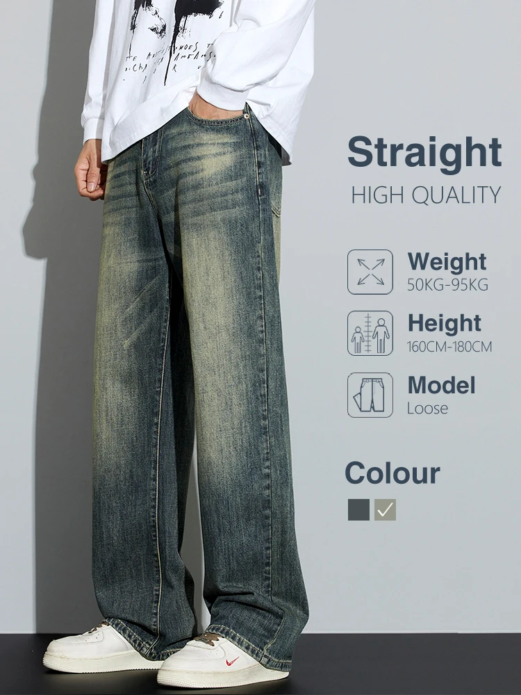 Baumwolle Baggy Männer Breite Bein Jeans Retro Lose Streetwear Fashion Koreanische Gerade Gewaschen Denim Hosen Hohe Qualität Marke Kleidung Image