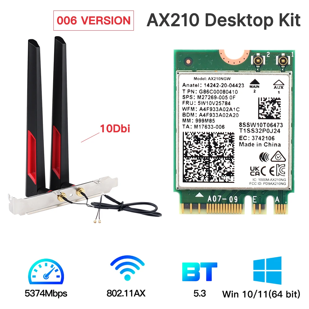Tri-Band 5374 MBit/s WLAN 6e Ax210 M.2 WLAN-WLAN-Karte Bluetooth 5,3 802.11ac/Ax Ax210ngw mit 10dbi Antennen für Win 10 Image