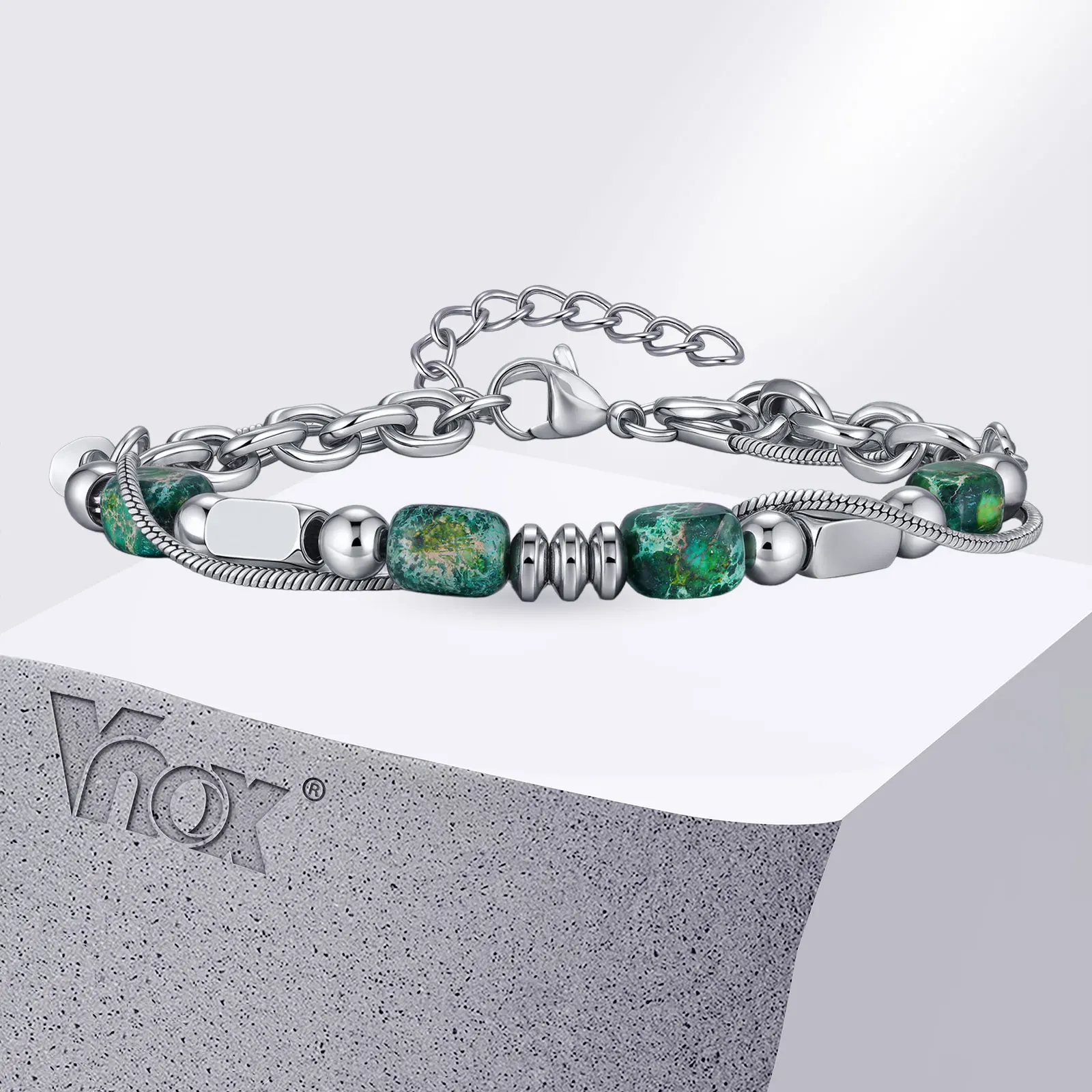 Vnox Armband aus grünem Naturstein für Männer und Jungen, Edelstahlkette mit Perlen, 17–22 cm, verstellbares Armband, Hip-Hop-Schmuck, Geschenke Image