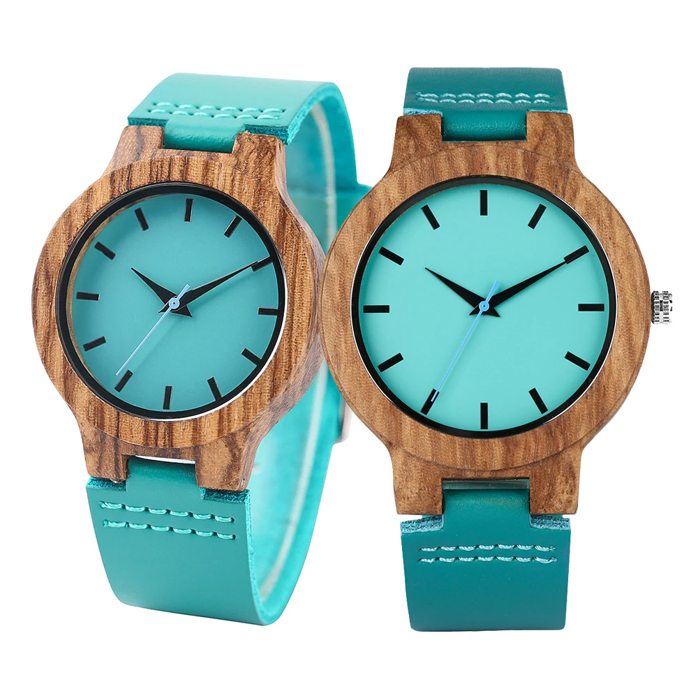 Einzigartige blaue echte Leder Quarzuhr Männer Frauen Mode minimalist ischen Zebra wood Uhrengehäuse Paar Armbanduhren Jubiläums geschenk Image