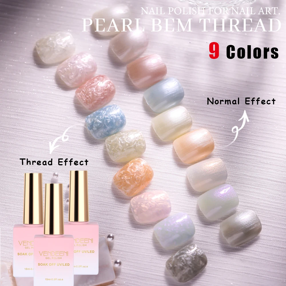 Vendeeni 9 Farben Pearl Shell Thread Gel Nagellack UV Soak Off Gel Lack DIY Shell Thread Pattern Gel Lack für Maniküre Image