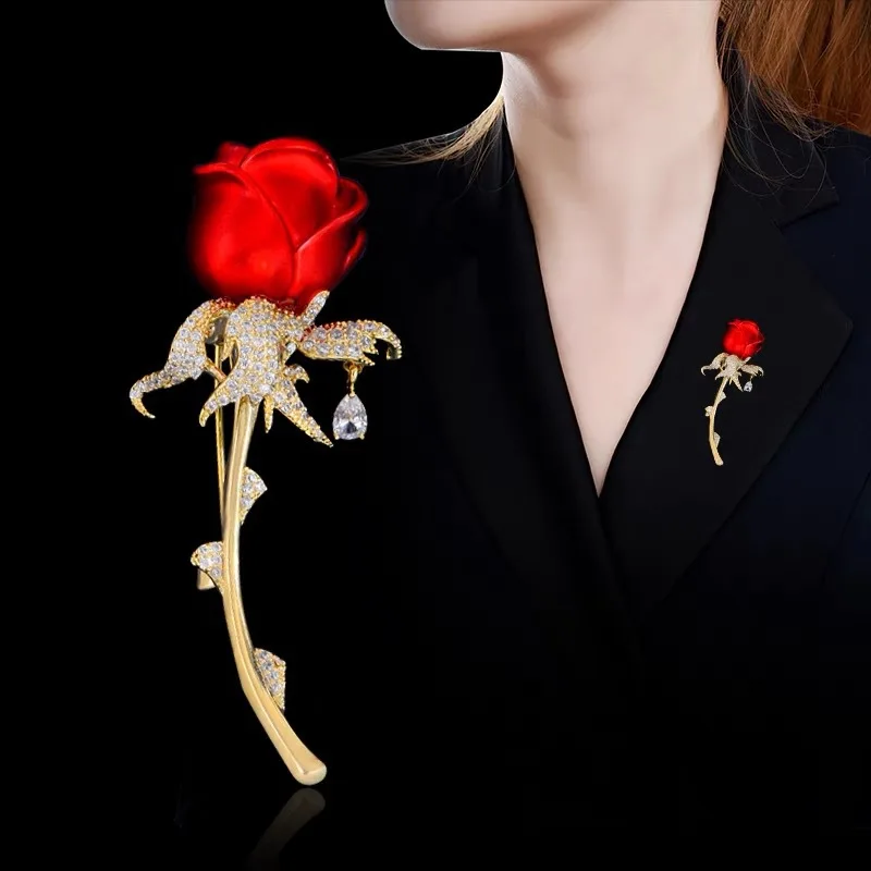 Elegante rote Rosen-Brosche mit glänzendem Zirkon, Damen-Anstecknadel, Schmuck für Hochzeit, Party, Abzeichen, exquisites Zirkon-Blumen-Accessoire