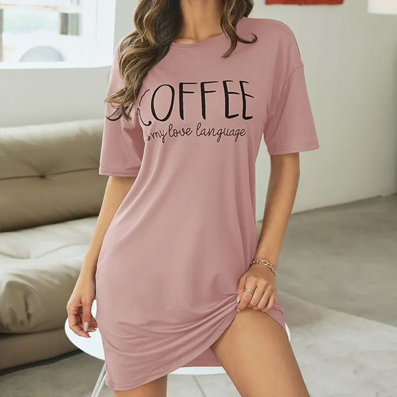 Frauen Milch Seide Nachthemd Sommer Kurzarm Brief Drucken Sleepdress Lose Beiläufige Homewear Weiche Bequeme Nacht Kleid Image