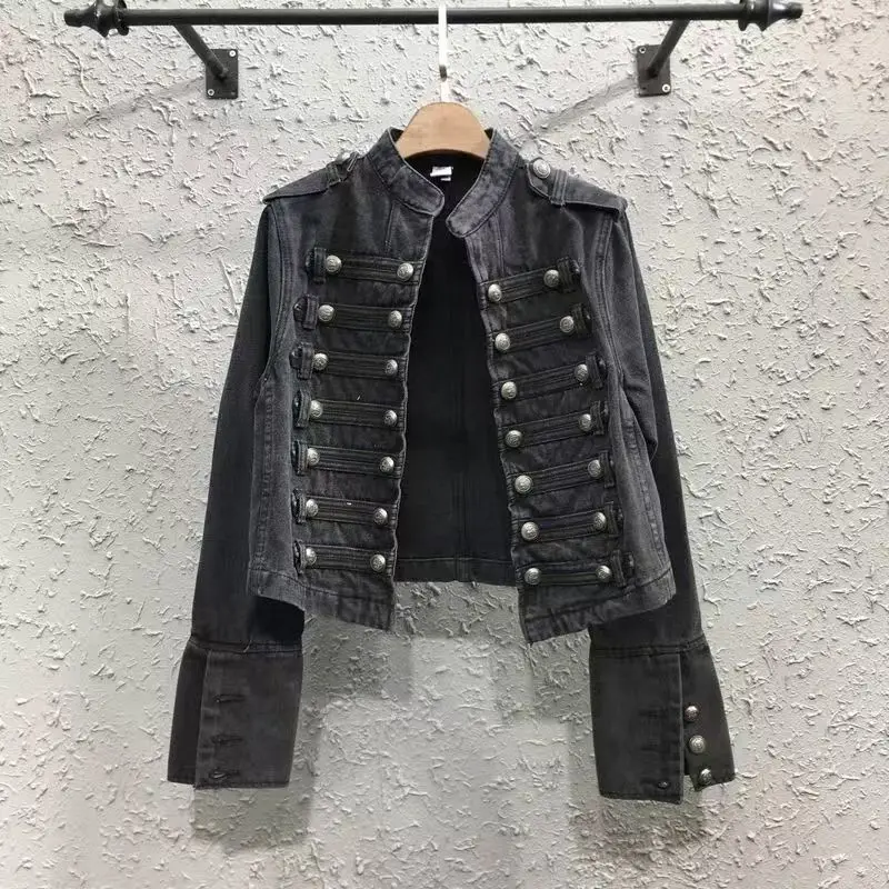 Schwere Industrie Punk Motorrad Stil Multi-Taste Denim Jacke Amerikanische Mode Stehkragen Herbst Und Winter Frauen Denim Mäntel Image