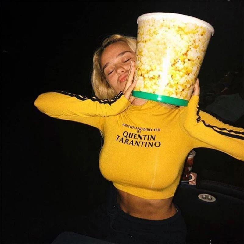 Mode Quentin Tarantino Sexy Crop Tops Frauen Seite Streifen Langarm Rollkragen Baumwolle Gestrickte Kurze t-shirt Dame Image