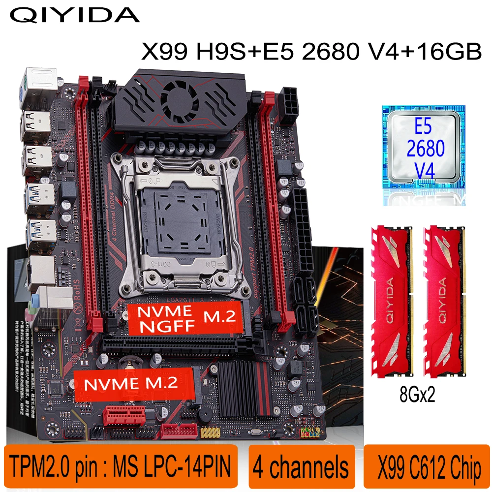 Qiyida X99 Motherboard-Kit LGA2011 3 Xeon E5 2680 V4 2*8 GB 16 GB DDR4 3200 MHz 4 Kanäle NVME USB3.0 SATA3.0 TPM 2.0-Schnittstelle Image