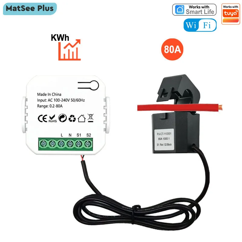 Intelligenter WLAN-Digitaler Energiezähler 80A mit Stromwandler-Sensor Klemme App-Monitor Leistungsüberwachung DIY 110V 240V 50/60Hz Kompatibel mit Tuya Image