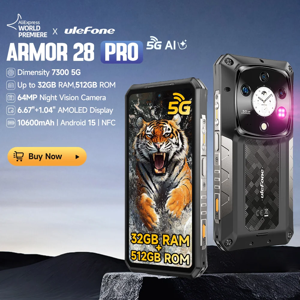 【Weltpremiere】 Ulefone Armor 28 Pro 5G AI Robustes Telefon 32 GB RAM 512 GB ROM Smartphone 120 W MTK Dimensity 7300 Mobiltelefon 10600 mAh 6,67 „AMOLED Image