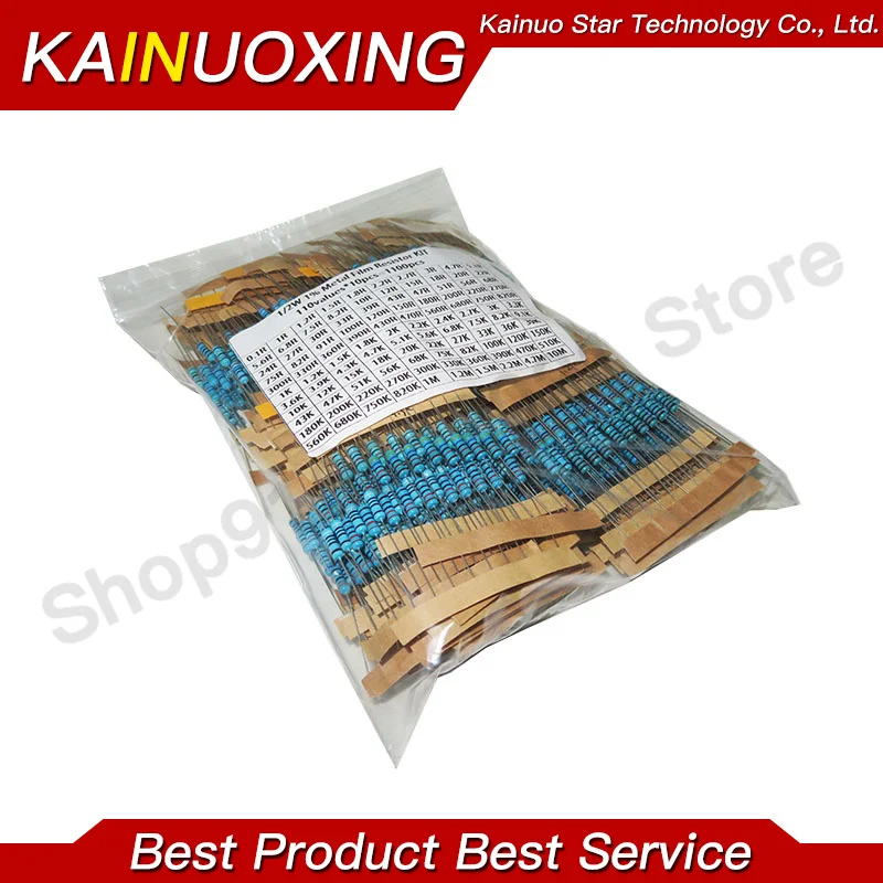 1100 Stück 0,5 W Widerstandssatz 0,1 Ohm ~ 10 M Ohm Metallschichtwiderstand 1/2 W Widerstand 1 % Farbringwiderstand 110 Werte * 10 Stück Image