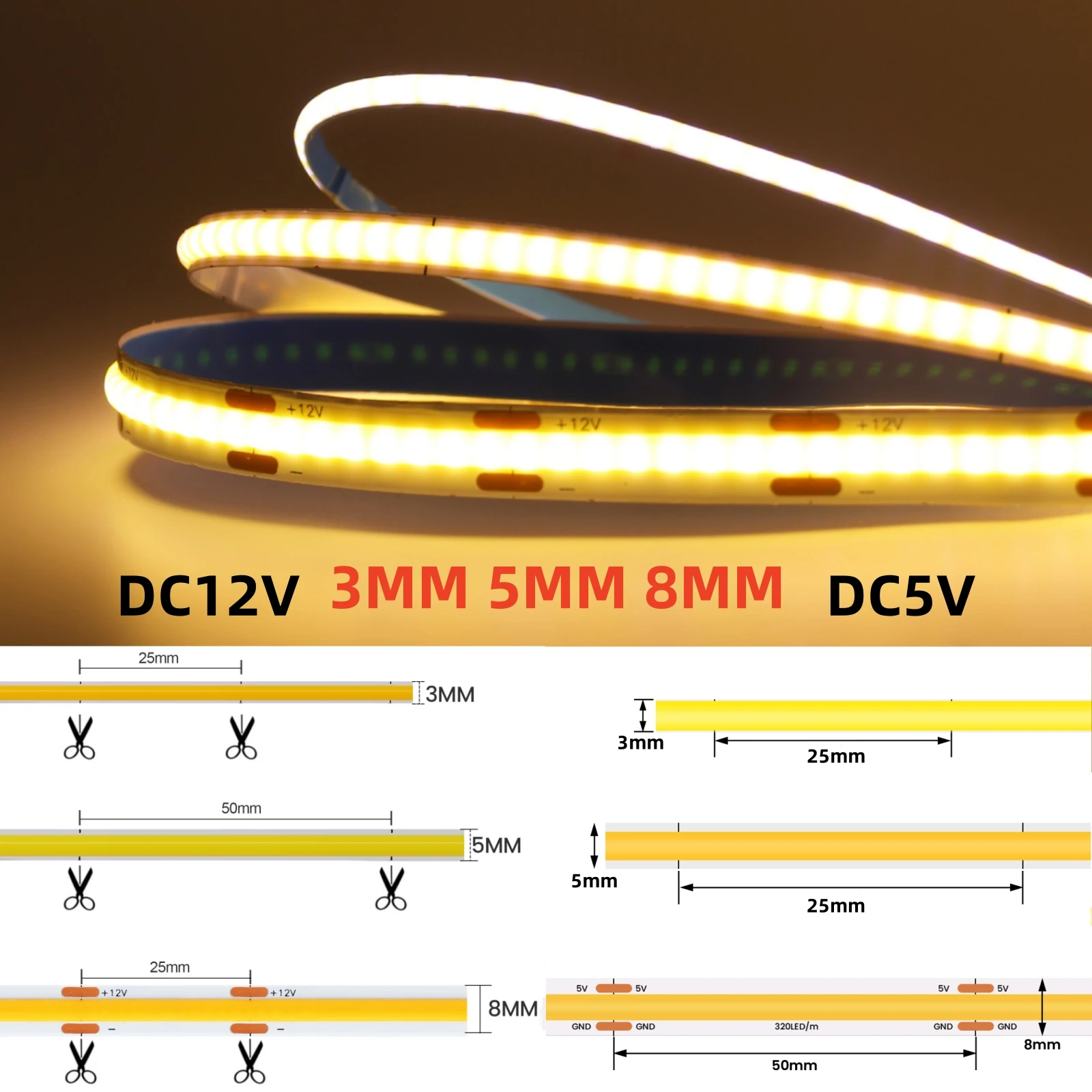 5V 12V 3MM 5MM 8MM FCOB LED-Lichtleisten Bar 320LEEDs/M Dimmbares Klebeband Klebelampe RA90 Linearbeleuchtung Kalt Natürliches Warmweiß Image