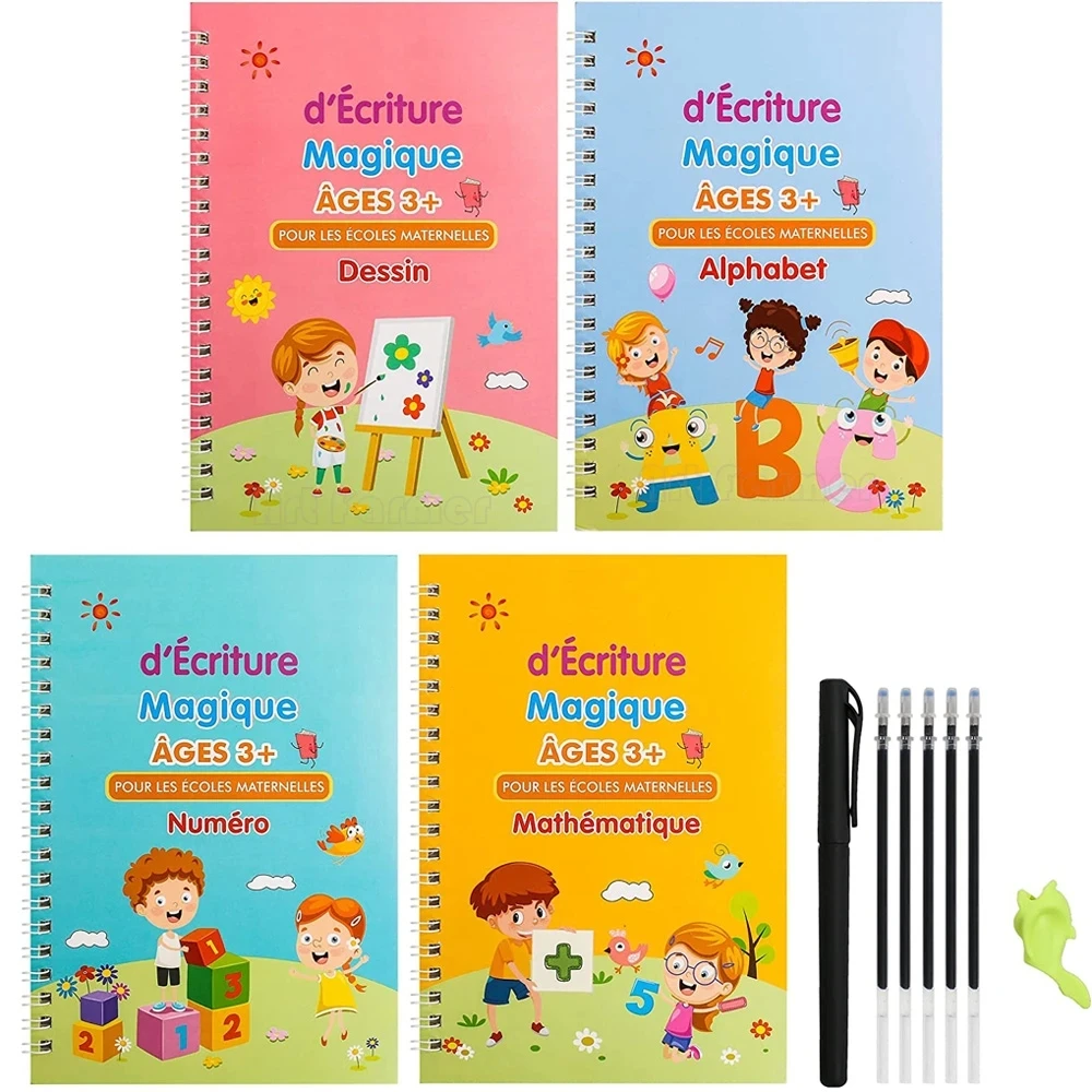 4 Buch/Set Französisch Magie Schreib buch für Kinder Notizbücher Mathematik Montessori Kalligraphie lernen, 3D Französisch Kopie Buch zu schreiben