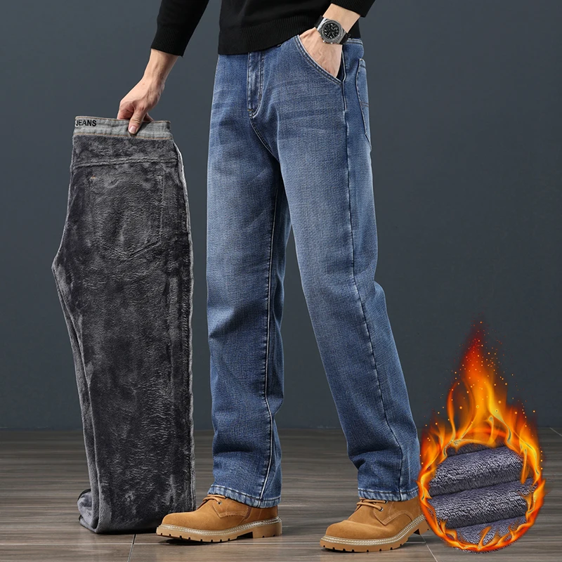 Winter Fleece Männer Jeans Klassische Lose Gerade Warme Verdicken Hosen Business Casual Samt Elastische Denim Hosen Plus Größe 42 44