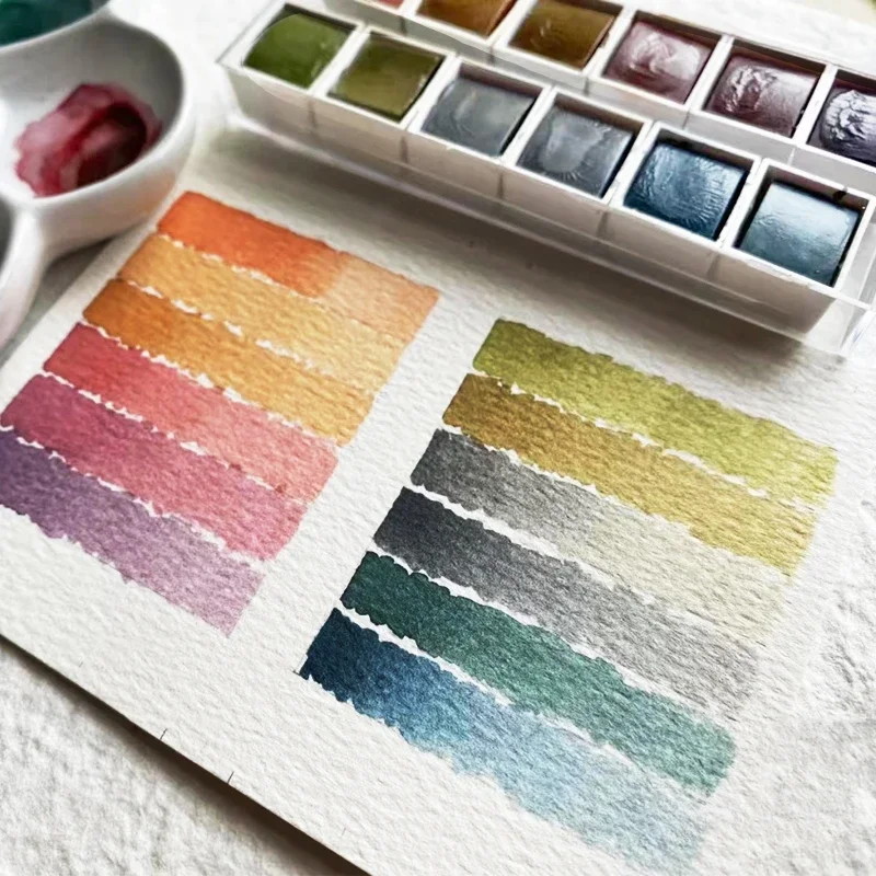 Tragbares 12-Farben-Retro-Solid-Aquarell-Set, grundlegende Aquarell-Pigment-Perlen-Skizzenfarben für Künstler, Studenten, Kunstbedarf Image