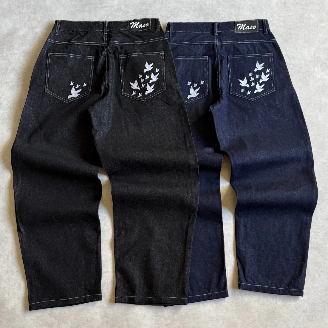Y2K Trendige Skate-Jeans Unisex Hochgeschnittene Loose-Fit Denim-Hose mit Vogelmuster-Detail Retro Gewaschene Straight-Leg-Jeans